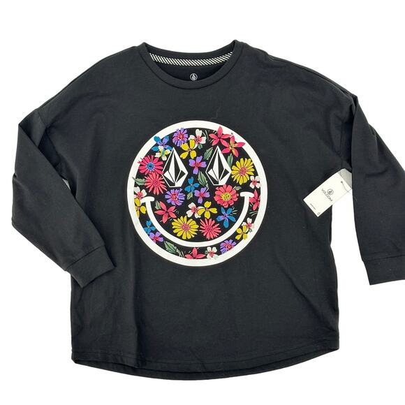 Volcom Werkin Doubles Mod Hippie Floral Smiling Face Shirt Girls Size XS 5 6 - Picture 1 of 4